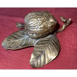 Antique Brass Walnut Inkwell‎ w Leaves Motif